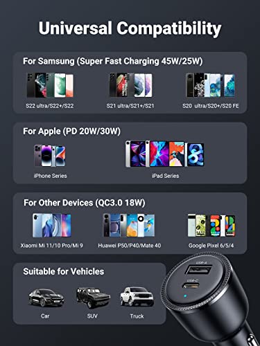 63W USB C Car Charger Adapter, UGREEN PSS 45W Super Fast Charging Type C Car Charger with 3.3FT 5A Cable, Dual USB Car Charger Compatible with Samsung Galaxy S23/S22/S21 Series, iPhone/iPad/MacBook