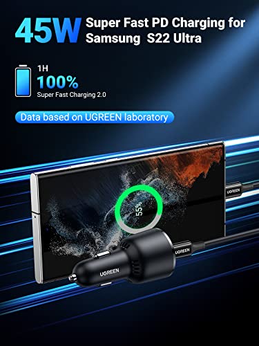 63W USB C Car Charger Adapter, UGREEN PSS 45W Super Fast Charging Type C Car Charger with 3.3FT 5A Cable, Dual USB Car Charger Compatible with Samsung Galaxy S23/S22/S21 Series, iPhone/iPad/MacBook