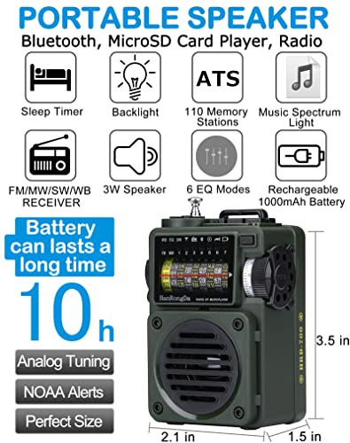 HanRongDa Radio, Bluetooth Speaker Support MicroSD Card, FM MW WB Shortwave Receiver with NOAA Alerts and Sleep Timer, Rechargeable Retro Analog Radios with Backlit and ATS Preset for Camping HRD700