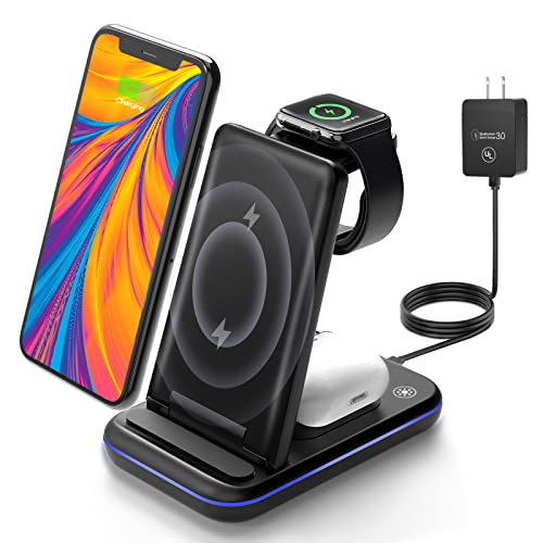 Wireless Charging Station for Multiple Devices Apple - TYCRALI 3 in 1 Wireless Charger Stand Foldable Designed for iPhone 14/13/12/11/Pro/X/XS/XR, AirPods 2/3, iWatch 7/6/5/SE/4/3/2