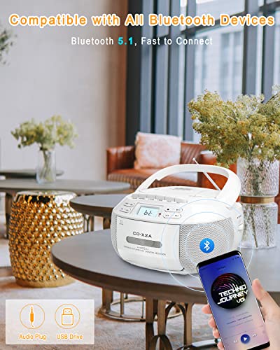 CD Cassette Boombox Player Combo with Bluetooth,AM FM Radio,Sunoony Remote Control with Dual Speakers,Tape Recording,AUX/USB Drive,AC/DC Powered,LCD Display,Headphone Jack for Home,Kids,Seniors,Gift