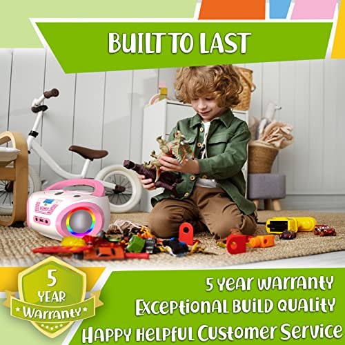 TinyGeeks Tunes Kids Boombox CD Player for Kids New 2023 + FM Radio + Batteries Included + Cute Pink Radio cd Player with Speakers for Kids and Toddlers