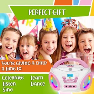 TinyGeeks Tunes Kids Boombox CD Player for Kids New 2023 + FM Radio + Batteries Included + Cute Pink Radio cd Player with Speakers for Kids and Toddlers