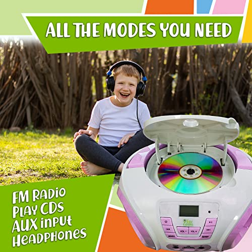 TinyGeeks Tunes Kids Boombox CD Player for Kids New 2023 + FM Radio + Batteries Included + Cute Pink Radio cd Player with Speakers for Kids and Toddlers