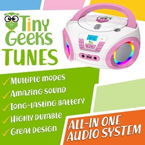 TinyGeeks Tunes Kids Boombox CD Player for Kids New 2023 + FM Radio + Batteries Included + Cute Pink Radio cd Player with Speakers for Kids and Toddlers