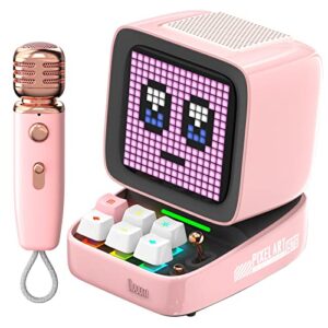 divoom ditoo-mic bluetooth speaker with karaoke microphone – rgb keyboard and pixel display desktop decor, different sound modes, ideal gifts for home party, mobile ktv (pink)