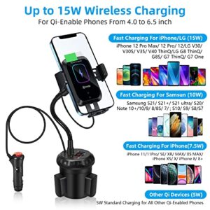 HVDI Cup Phone Holder Wireless Car Charger Mount, 3 Ports 54W Car Charger with 15W Qi Fast Charging Auto-Clamping Wireless Charger Adjustable Gooseneck Mount for iPhone Samsung Galaxy Note LG & More