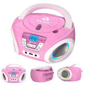 klim candy kids portable cd player for kids – new 2023 – fm radio – batteries included – cd boombox for kids – cute pink radio cd player with speakers for kids and toddlers – pink