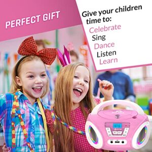 KLIM Candy Kids Portable CD Player for Kids - New 2023 - FM Radio - Batteries Included - CD Boombox for Kids - Cute Pink Radio cd Player with Speakers for Kids and Toddlers - Pink