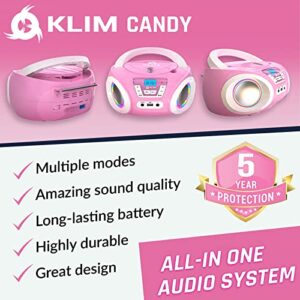 KLIM Candy Kids Portable CD Player for Kids - New 2023 - FM Radio - Batteries Included - CD Boombox for Kids - Cute Pink Radio cd Player with Speakers for Kids and Toddlers - Pink