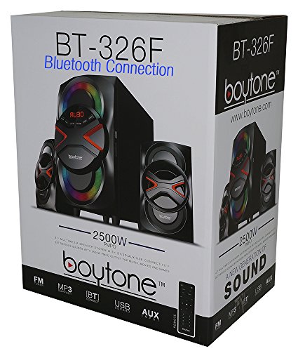 Boytone BT-326F, 2.1 Bluetooth Powerful Home Theater Speaker System, with FM Radio, SD USB Ports, Digital Playback, 40 Watts, Disco Lights, Full Function Remote Control, for Smartphone, Tablet., Black