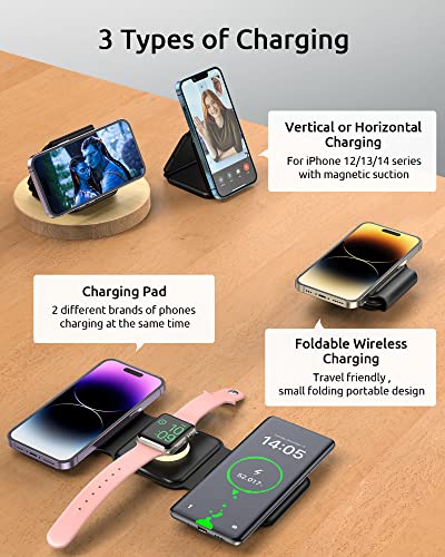 HEYLINSI Wireless Charging Station, Foldable Magnetic Wireless Charging Pad for iPhone 14/13/12 Pro Max/X/XS, 3 in 1 Wireless Travel Charger for AirPods 3/2/Pro Apple Watch