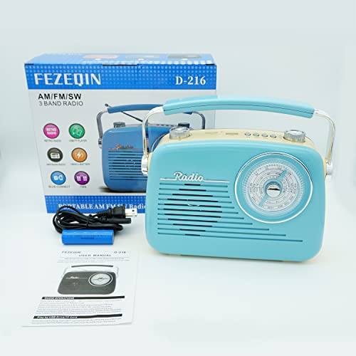 FEZEQIN D216 Shortwave AM FM Radio Old School Receiver BT Speaker MP3 Player with TF Card Jack Flash Drive Input Jack Large Tuning Dial Power Plug or Rechargeable Battery for Family Elder (Blue)