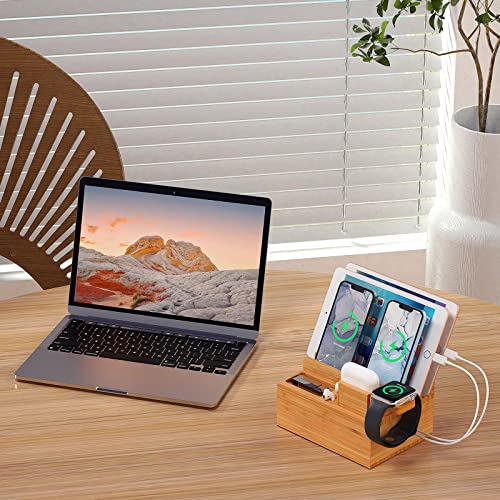 Pezin & Hulin Bamboo Charger Station for Multiple Device (Included 5 Port USB Charger, 6 Pack Charging Cables, Watch & Earbuds Stand), Desktop Electronic Organizer for Cell Phone, Tablet