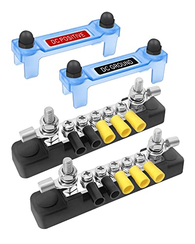 LENKRAD Bus Bar 12V 2 x 10/32” Studs and 5 x 8/32” Screw Terminals, Power Distribution Block with Ring Terminals 100 Amp Rating, 12V - 48V Positive & Negative for Automotive Car Boat Solar System