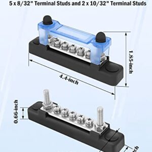 LENKRAD Bus Bar 12V 2 x 10/32” Studs and 5 x 8/32” Screw Terminals, Power Distribution Block with Ring Terminals 100 Amp Rating, 12V - 48V Positive & Negative for Automotive Car Boat Solar System