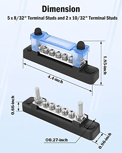 LENKRAD Bus Bar 12V 2 x 10/32” Studs and 5 x 8/32” Screw Terminals, Power Distribution Block with Ring Terminals 100 Amp Rating, 12V - 48V Positive & Negative for Automotive Car Boat Solar System