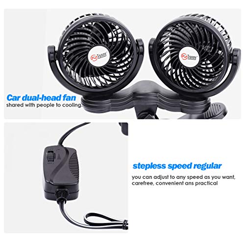 TN TONNY Flexible Dual Head Car Fan, 4 Inches Electric Car Clip Cooling Fans 180° Rotatable, Car Back Seat 12V Air Cooling Fan with Stepless Speed Regulation for SUV, RV, Vehicles