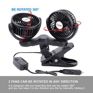 TN TONNY Flexible Dual Head Car Fan, 4 Inches Electric Car Clip Cooling Fans 180° Rotatable, Car Back Seat 12V Air Cooling Fan with Stepless Speed Regulation for SUV, RV, Vehicles