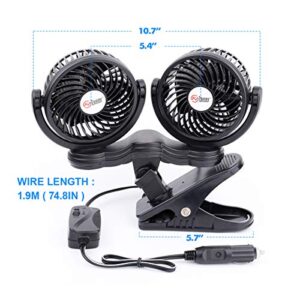 TN TONNY Flexible Dual Head Car Fan, 4 Inches Electric Car Clip Cooling Fans 180° Rotatable, Car Back Seat 12V Air Cooling Fan with Stepless Speed Regulation for SUV, RV, Vehicles