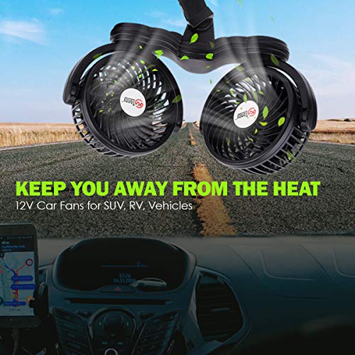 TN TONNY Flexible Dual Head Car Fan, 4 Inches Electric Car Clip Cooling Fans 180° Rotatable, Car Back Seat 12V Air Cooling Fan with Stepless Speed Regulation for SUV, RV, Vehicles