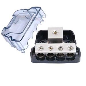 rkurck 4 way power distribution block, 0/2/4 awg gauge in, 4/8/10 gauge out, car audio stereo amp ground distributor connecting block for car audio amplifier splitter (1 in 4 out)
