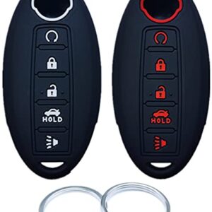 RUNZUIE 2Pcs 5 Buttons Silicone Smart Remote Key Fob Cover Compatible with 2022 2021 2020-2011 Nissan Armada Rogue Murano Maxima Altima Pathfinder 285E3-3TP5A KR5S180144014 Black/Black with Red