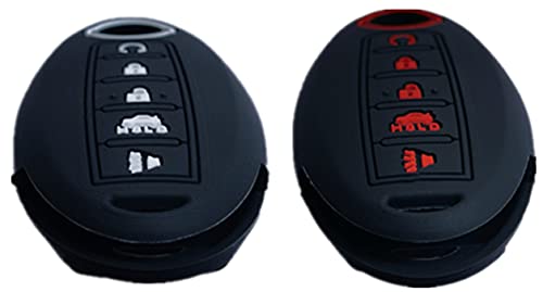 RUNZUIE 2Pcs 5 Buttons Silicone Smart Remote Key Fob Cover Compatible with 2022 2021 2020-2011 Nissan Armada Rogue Murano Maxima Altima Pathfinder 285E3-3TP5A KR5S180144014 Black/Black with Red