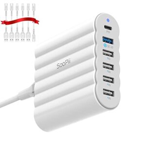 usb c charger, soopii 68w charging hub, 6 port usb charging station with one 30w pd/pps port and one 18w qc port for laptops, phones and other electronics, 6 mixed charging cables included, white