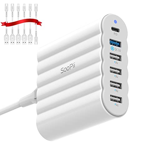 USB C Charger, SooPii 68W Charging Hub, 6 Port USB Charging Station with One 30W PD/PPS Port and One 18W QC Port for Laptops, Phones and Other Electronics, 6 Mixed Charging Cables Included, White