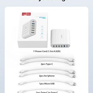 USB C Charger, SooPii 68W Charging Hub, 6 Port USB Charging Station with One 30W PD/PPS Port and One 18W QC Port for Laptops, Phones and Other Electronics, 6 Mixed Charging Cables Included, White