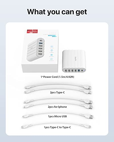 USB C Charger, SooPii 68W Charging Hub, 6 Port USB Charging Station with One 30W PD/PPS Port and One 18W QC Port for Laptops, Phones and Other Electronics, 6 Mixed Charging Cables Included, White