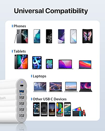 USB C Charger, SooPii 68W Charging Hub, 6 Port USB Charging Station with One 30W PD/PPS Port and One 18W QC Port for Laptops, Phones and Other Electronics, 6 Mixed Charging Cables Included, White