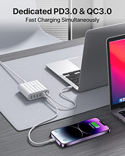 USB C Charger, SooPii 68W Charging Hub, 6 Port USB Charging Station with One 30W PD/PPS Port and One 18W QC Port for Laptops, Phones and Other Electronics, 6 Mixed Charging Cables Included, White