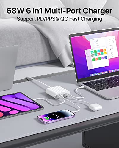 USB C Charger, SooPii 68W Charging Hub, 6 Port USB Charging Station with One 30W PD/PPS Port and One 18W QC Port for Laptops, Phones and Other Electronics, 6 Mixed Charging Cables Included, White