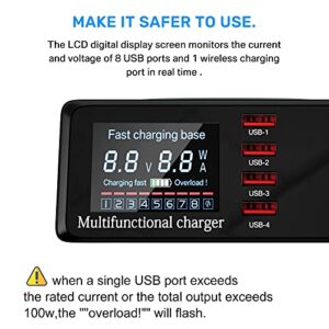 USB Charger Hub ASOMETECH 100W 8-Port Desktop Multiple USB Charging Station with PD Port, Quick Charge 3.0 USB Port, Wireless Charger, LCD Display Fast USB C Charger for iPhone 12, Tablet and More