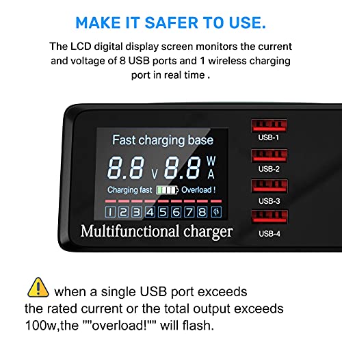 USB Charger Hub ASOMETECH 100W 8-Port Desktop Multiple USB Charging Station with PD Port, Quick Charge 3.0 USB Port, Wireless Charger, LCD Display Fast USB C Charger for iPhone 12, Tablet and More