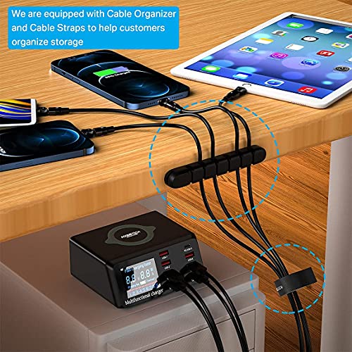 USB Charger Hub ASOMETECH 100W 8-Port Desktop Multiple USB Charging Station with PD Port, Quick Charge 3.0 USB Port, Wireless Charger, LCD Display Fast USB C Charger for iPhone 12, Tablet and More