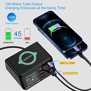 USB Charger Hub ASOMETECH 100W 8-Port Desktop Multiple USB Charging Station with PD Port, Quick Charge 3.0 USB Port, Wireless Charger, LCD Display Fast USB C Charger for iPhone 12, Tablet and More