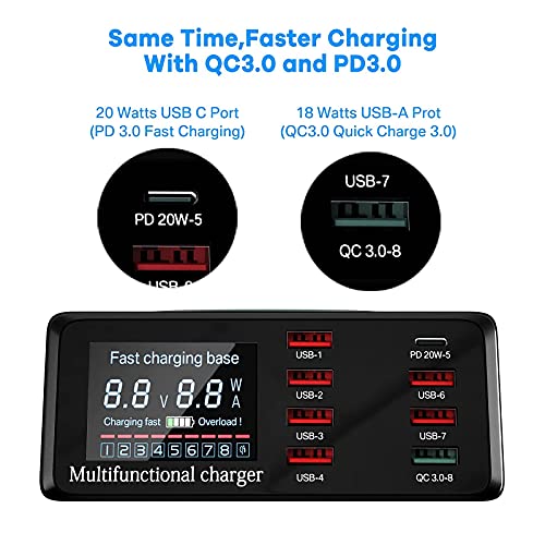 USB Charger Hub ASOMETECH 100W 8-Port Desktop Multiple USB Charging Station with PD Port, Quick Charge 3.0 USB Port, Wireless Charger, LCD Display Fast USB C Charger for iPhone 12, Tablet and More