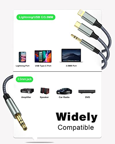 Lightning to 3.5mm Audio Cable, USB C to 3.5mm Aux Jack Cable,3.5mm Nylon Aux Cable( 3-in-1 3.5mm auxiliary jack cable）Compatible with Phone 13/12/11/XR/XS/X/8/7/6 Suitable for cars, speakers, etc