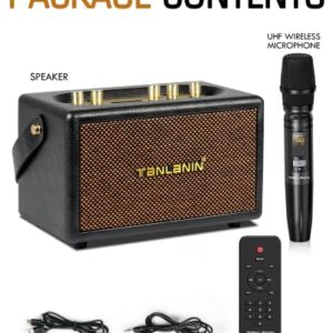 TANLANIN Vintage Bluetooth Speakers Rechargeable Portable Wireless Retro Style Leather Speakers 8H Long Playtime Bluetooth 5.0 Heavy Bass Music Player, TWS/USB/TF Slot/Remote Control/UHF Wireless Mic