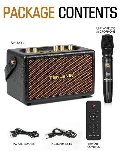 TANLANIN Vintage Bluetooth Speakers Rechargeable Portable Wireless Retro Style Leather Speakers 8H Long Playtime Bluetooth 5.0 Heavy Bass Music Player, TWS/USB/TF Slot/Remote Control/UHF Wireless Mic