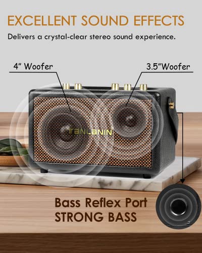 TANLANIN Vintage Bluetooth Speakers Rechargeable Portable Wireless Retro Style Leather Speakers 8H Long Playtime Bluetooth 5.0 Heavy Bass Music Player, TWS/USB/TF Slot/Remote Control/UHF Wireless Mic