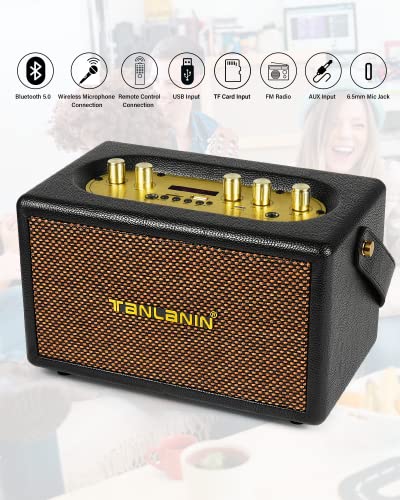 TANLANIN Vintage Bluetooth Speakers Rechargeable Portable Wireless Retro Style Leather Speakers 8H Long Playtime Bluetooth 5.0 Heavy Bass Music Player, TWS/USB/TF Slot/Remote Control/UHF Wireless Mic