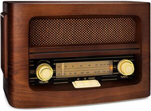 clearclick classic vintage retro style am/fm radio with bluetooth, aux-in, & usb – handmade wooden exterior dark brown