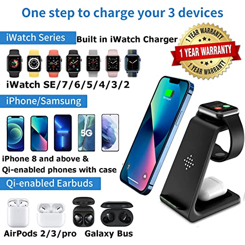 Wireless Charger Stand Dock 3 in 1 Fast Qi Wireless Charging Station for Multiple Devices Apple Watch 7/6/SE/5/4/3/2,Airpods Pro 2,iPhone 14/13/13Pro Max/12/12Pro/SE/X/XR/XS/8/pixel 7/Pixel 6/Android