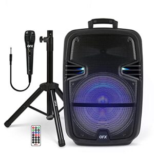 qfx pbx-616sm 15″ bluetooth rechargeable speaker with led lights, mic and stand