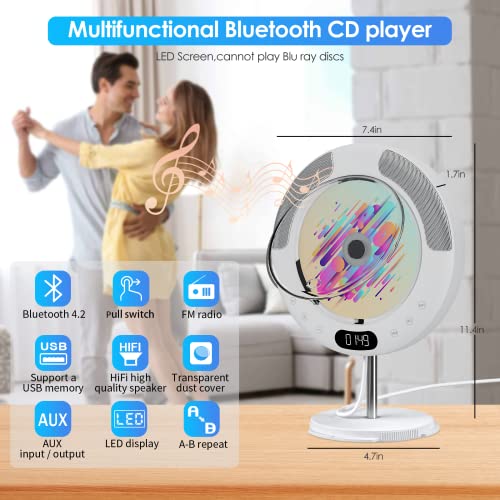 Portable CD Player, Wall Mounted CD Player for Home, Bluetooth Desktop Music Kpop CD Player for Car, Audio Boombox with Remote Control, Built-in HiFi Speakers, LED Screen, FM Radio, AUX Input Output