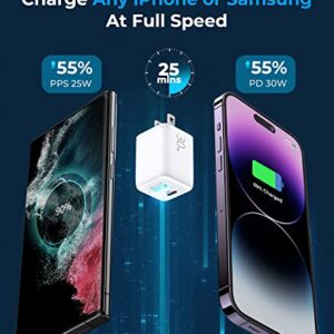 USB C Charger, 30W Mini 2-Port Fast Charger Block [PD&QC 3.0&PPS 25W] GaN+ Wall Charger Adapter Super Fast Charging for iPhone 14/14 Pro/13/12/X/XS/SE/Galaxy S22/Note 20/10+/iPad Pro/Pixel 6